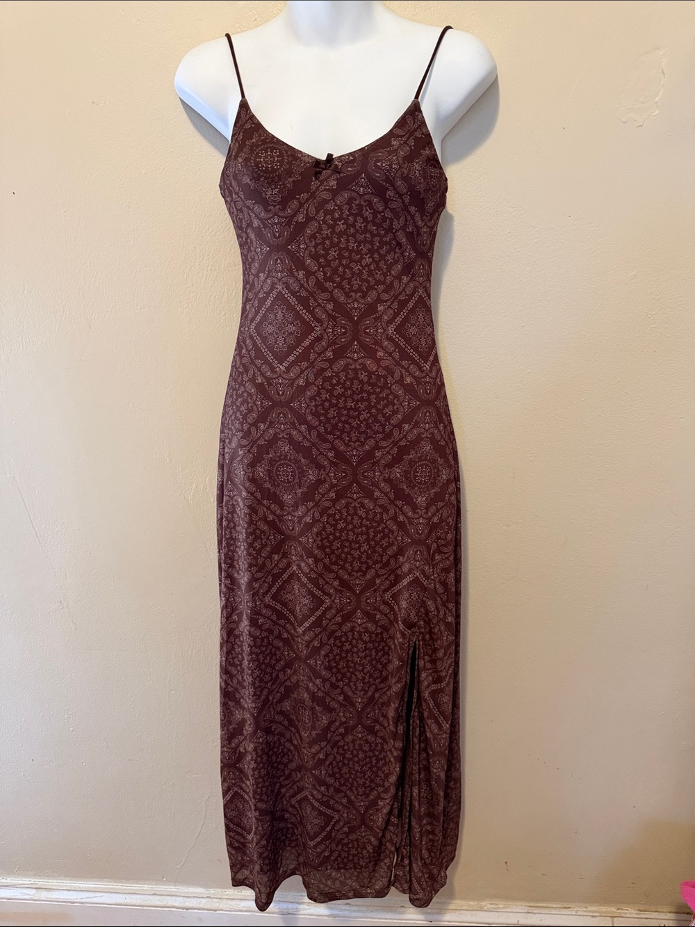 Hippie Rose Mauve-Brown Patterned Maxi Slip Dress with Side Slit
